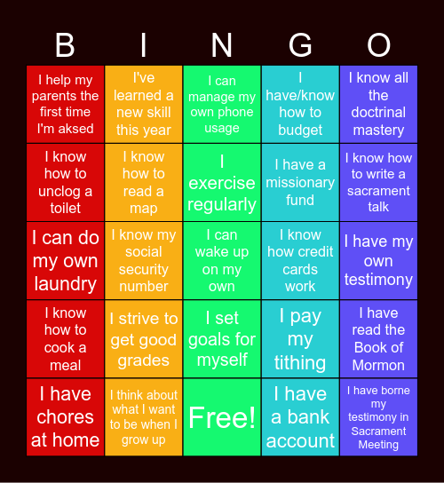 Self-Reliance For the Youth Bingo Card