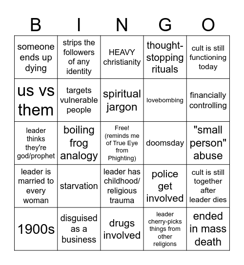cult video essay bingo Card