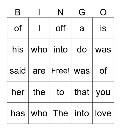 LEVEL 1 SPIRE  SIGHT WORDS Bingo Card