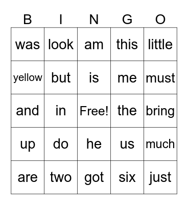 K-sight words Bingo Card