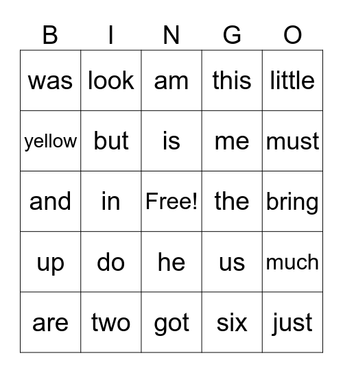 K-sight words Bingo Card