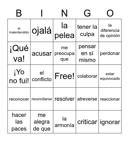 los conflictos Bingo Card