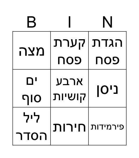 פסח לכתה ג4 Bingo Card