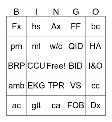 Medical Bingo  Bingo Card