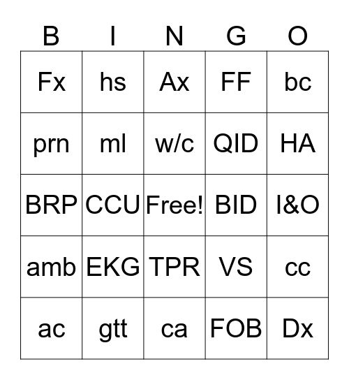 Medical Bingo  Bingo Card