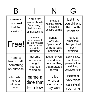 Attention and Time Awareness Bingo Card