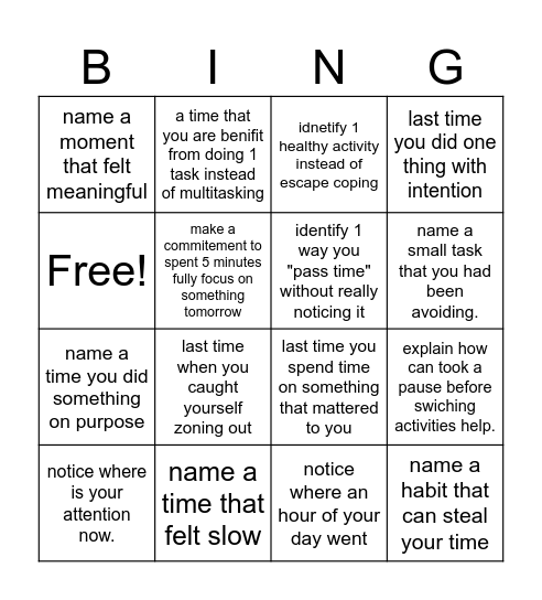 Attention and Time Awareness Bingo Card