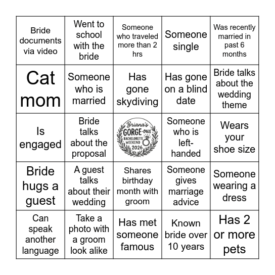 Briana's GORGE-ous Bachelorette BINGO Card