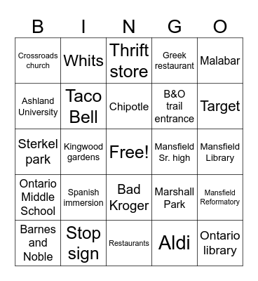 Mansfield Bingo Card