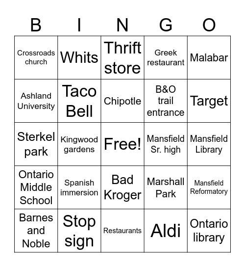 Mansfield Bingo Card