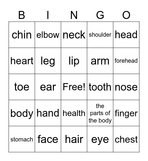 The Parts of the Body - French Bingo Card