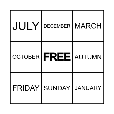 Days, months and seasons Bingo Card