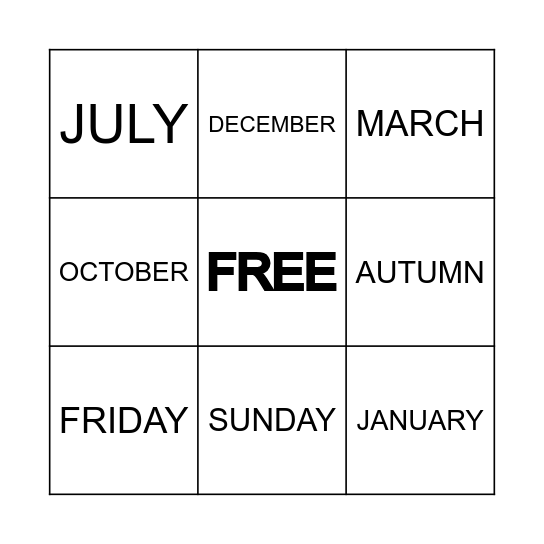 Days, months and seasons Bingo Card