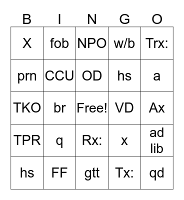 Medical Bingo Card