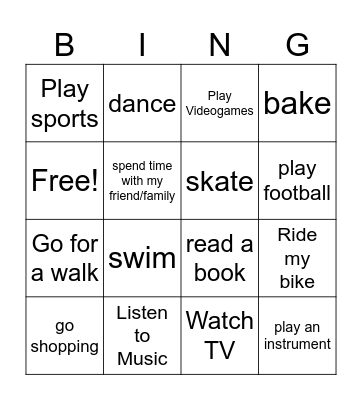 Free Time Activities Bingo Card