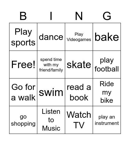 Free Time Activities Bingo Card