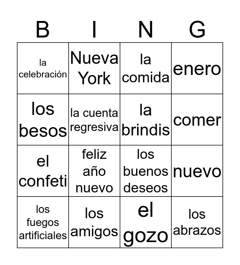 New Year's Vocabulary Bingo Card