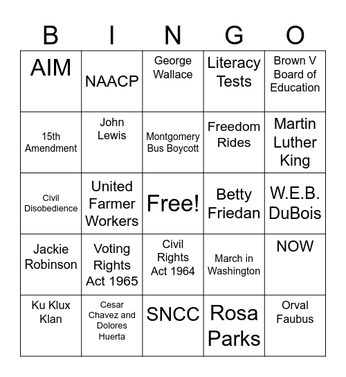 Civil Rights Bingo Card