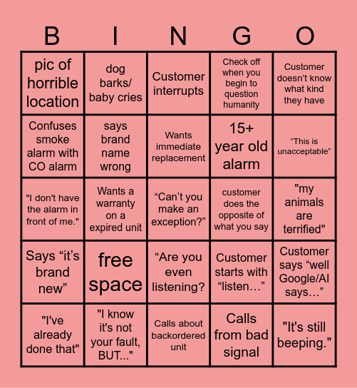 Coworker AND customer BINGO Card
