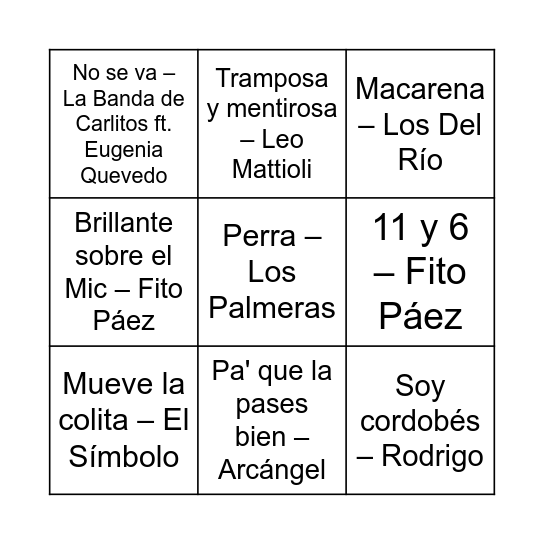 bingo musical Bingo Card