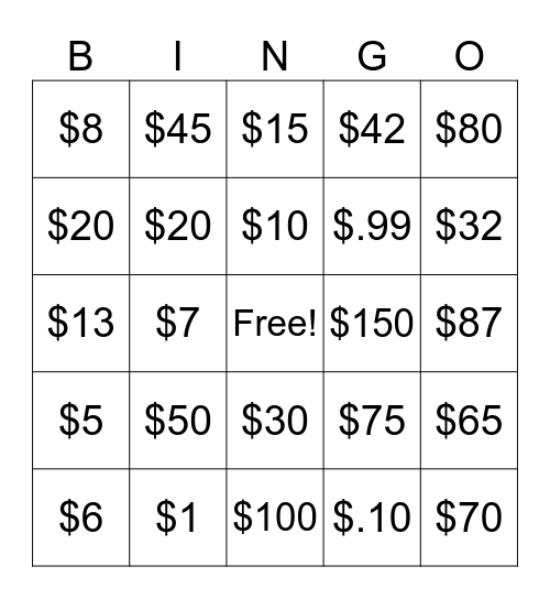 MONEY BINGO Card