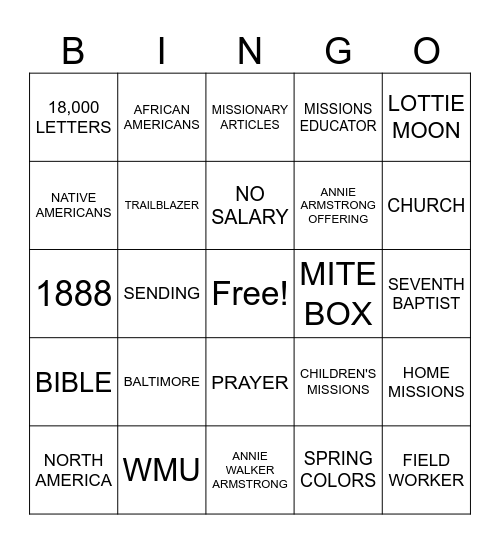 ANNIE ARMSTRONG BINGO Card