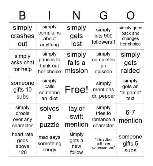 Life is Strange Bingo Card