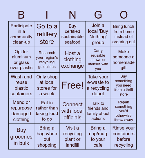 Plastic Pollution Prevention Bingo Card