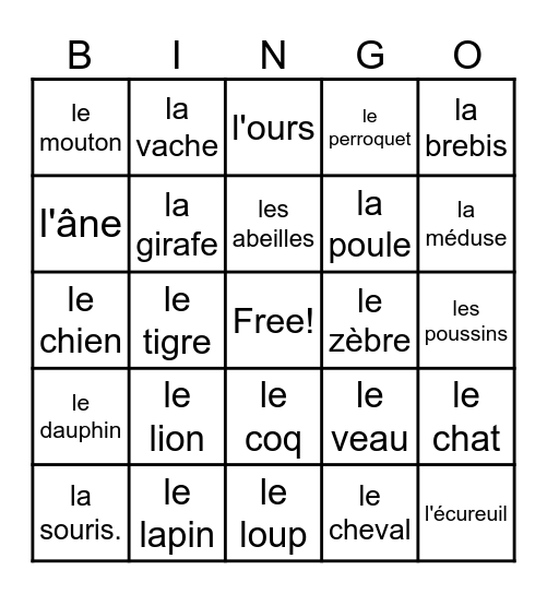 les animaux Bingo Card