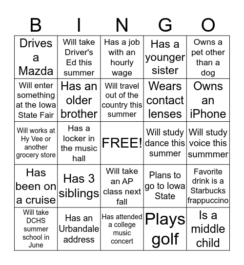 Dimensions Show Choir Bingo Card