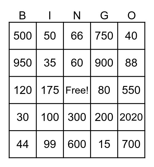 Counting by tens Bingo Card