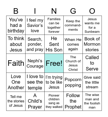 LDS Primary Songs Bingo Card