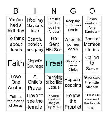 LDS Primary Songs Bingo Card