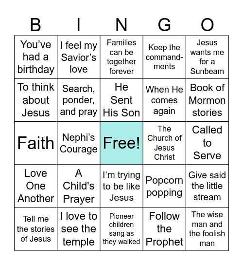 LDS Primary Songs Bingo Card