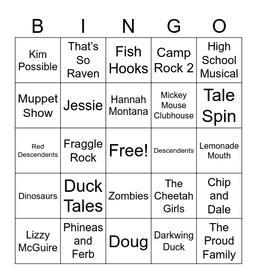 Disney TV Shows Bingo Card
