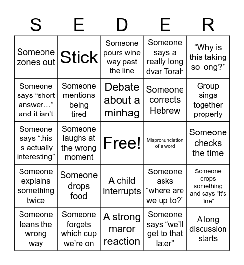 Seder Night Bingo Card