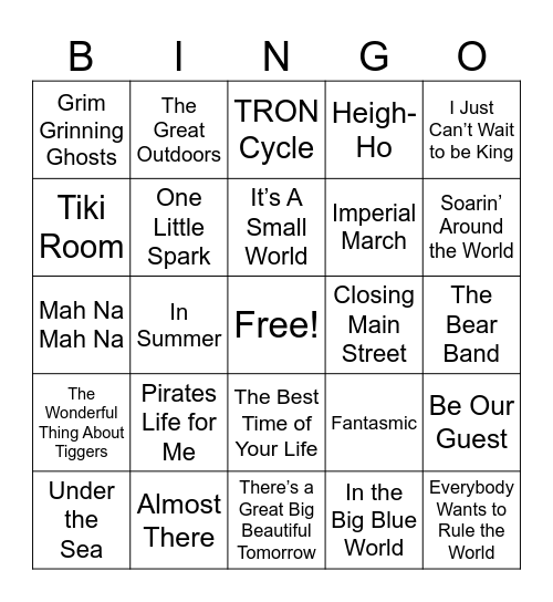 Disney Theme Park Songs Bingo Card
