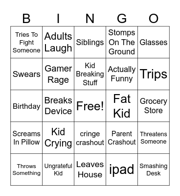 Kids Crashout Bingo Card