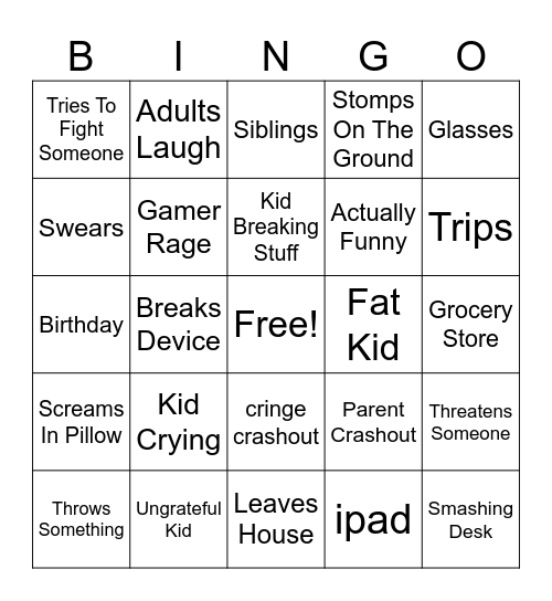 Kids Crashout Bingo Card