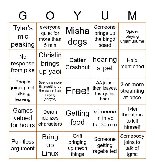 Game night VC bingo Card