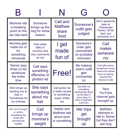 Me birthday dinner Bingo Card