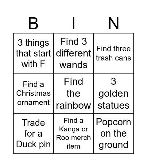 Magic Kingdom Bingo Card