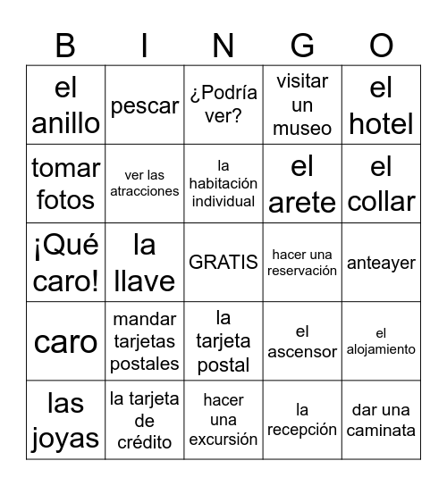 Avancemos 2 U1L2 Bingo Card