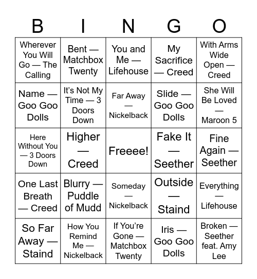 Dad Rock Bingo Card