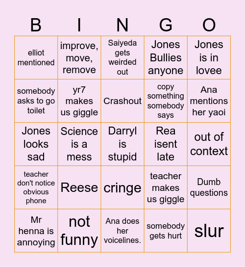 Limehurst School Bingo Card