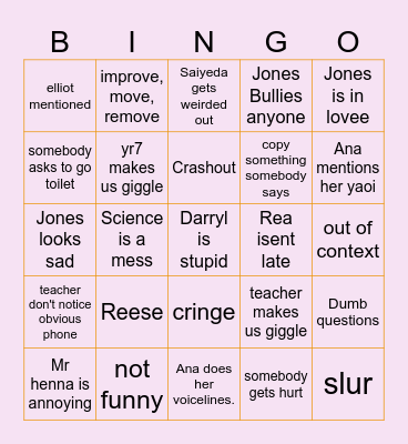 Limehurst School Bingo Card