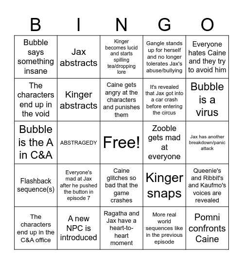 My TADC Episode 8 Bingo Card Bingo Card