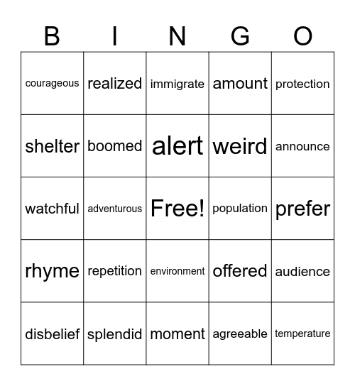 Vocabulary Words Bingo Card
