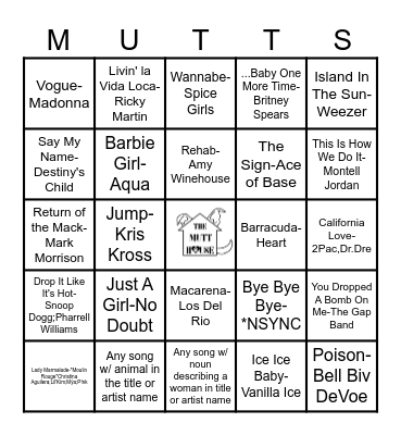 The Mutt House Music Bingo Card