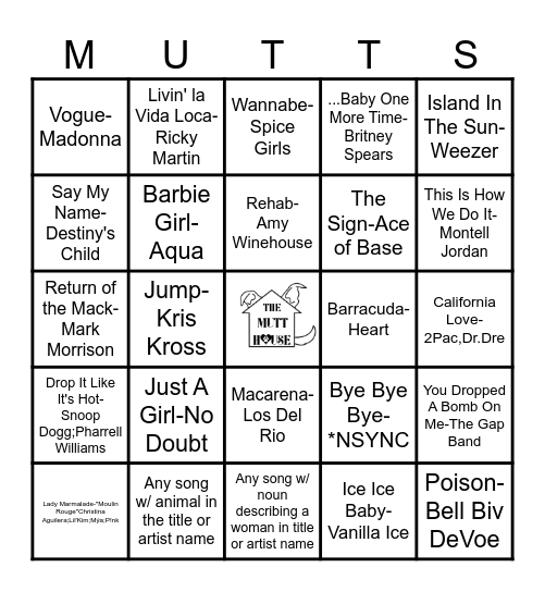 The Mutt House Music Bingo Card